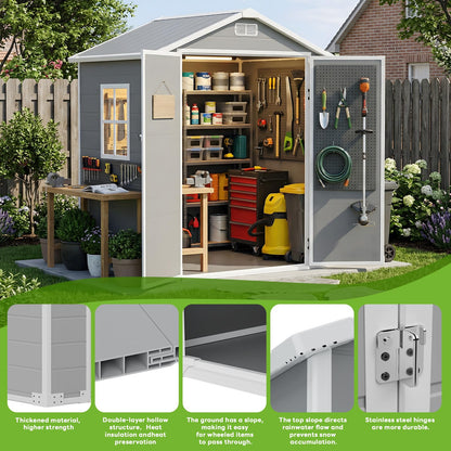 AIRAJ 6x4 FT Outdoor Storage Shed,Resin Storage Shed with Floor/Window/Vent/Roof Rainwater Drainage/Lockable Door,All-Weather Plastic Garden Sheds,for Yard,Garden,Poolside,Lawn Mower,Seasonal Items