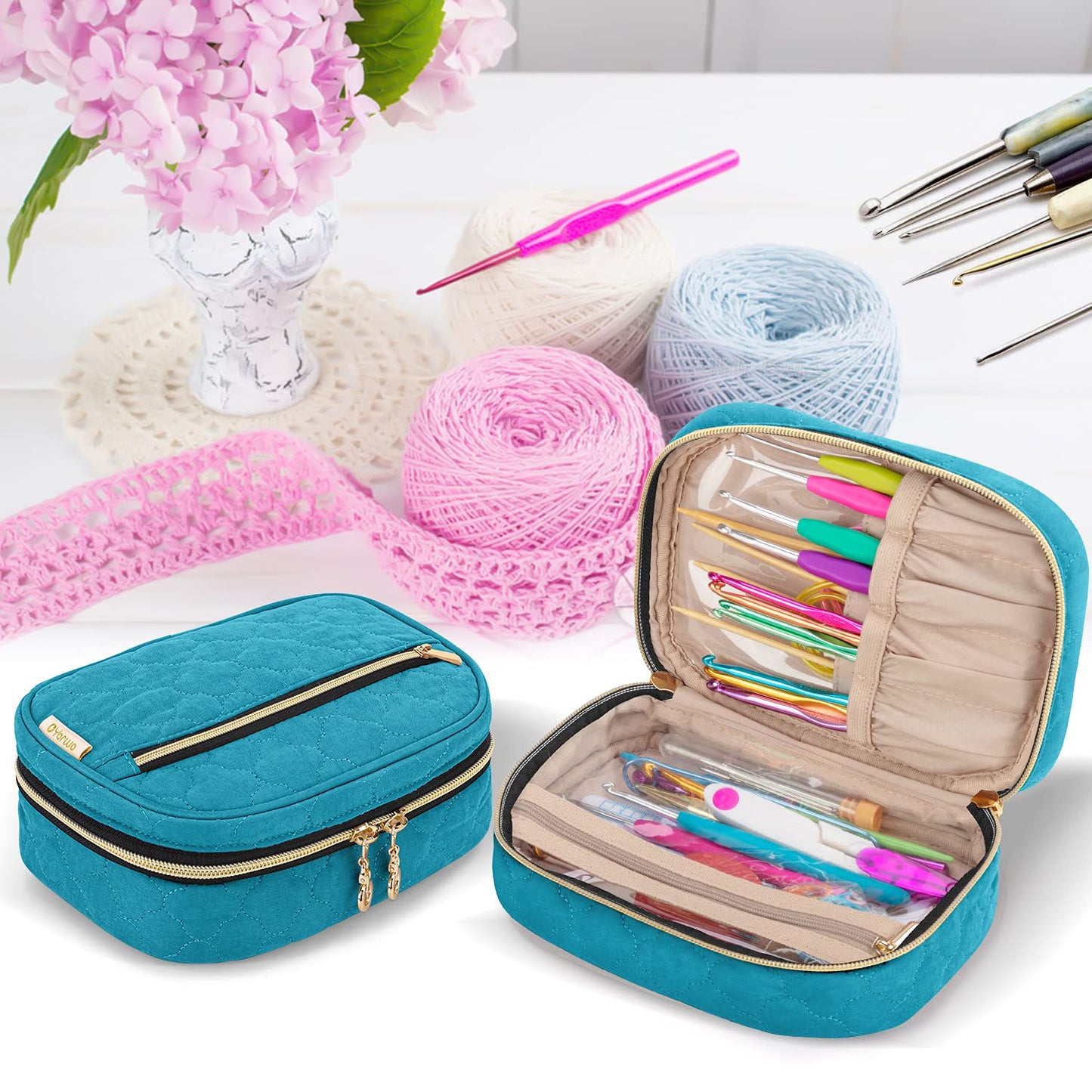 Yarwo Crochet Hook Case, Travel Organizer Bag for Crochet Hooks, Aluminum Crochet Hooks, and Crochet Supplies, Teal (Bag Only)