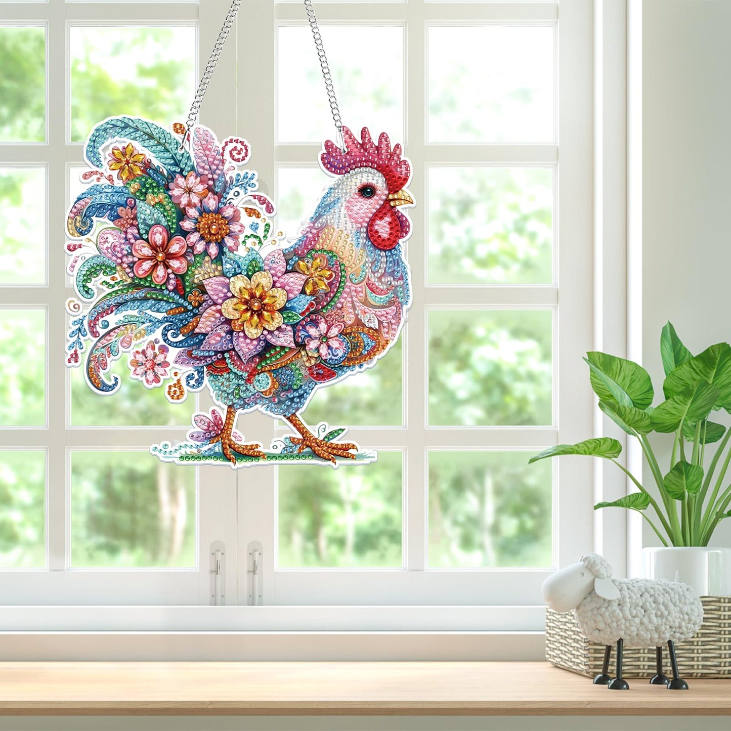 Bowetile Chicken Hanging Diamond Art Painting Kits for Adults, 5D Special Shape Diamond Art Chicken Kits, Crystal Diamond Gem Art Suncatchers Painting Pendant for Home Wall Decor