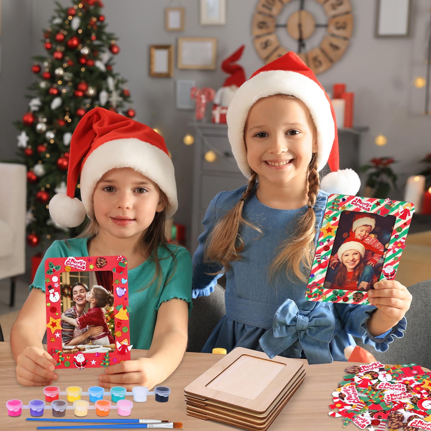 Fovths 12 Packs Christmas Picture Frame Painting Craft Kit Frozen Wooden DIY Photo Frame for 4 x 6 inch Photo with 100 Stickers Rhinestone Stickers 4 Brushes Set for DIY Paint and Decorate