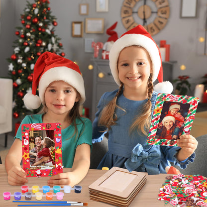 Fovths 12 Packs Christmas Picture Frame Painting Craft Kit Frozen Wooden DIY Photo Frame for 4 x 6 inch Photo with 100 Stickers Rhinestone Stickers 4 Brushes Set for DIY Paint and Decorate