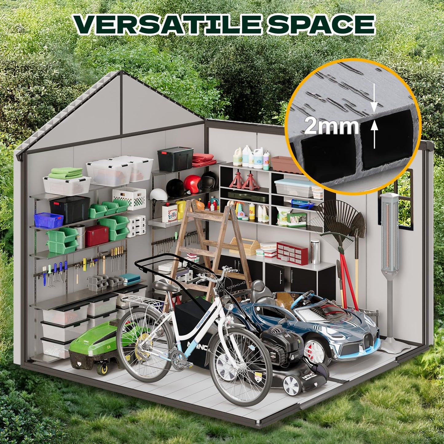 DNYKER 8 x 8 FT Resin Outdoor Storage Shed, All-Weather Plastic Garden Shed with Floor, Lockable Doors & Windows, Plastic Tool Shed for Backyard, Patio, Poolside