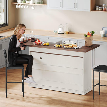 Homiflex Kitchen Island with Seating, Rolling Kitchen Islands with Storage, 55" W Large Island Table, Breakfast Bar Counter with Drop Leaf, Trash Can Cabinet, Power Outlet for Dining Room, Walnut