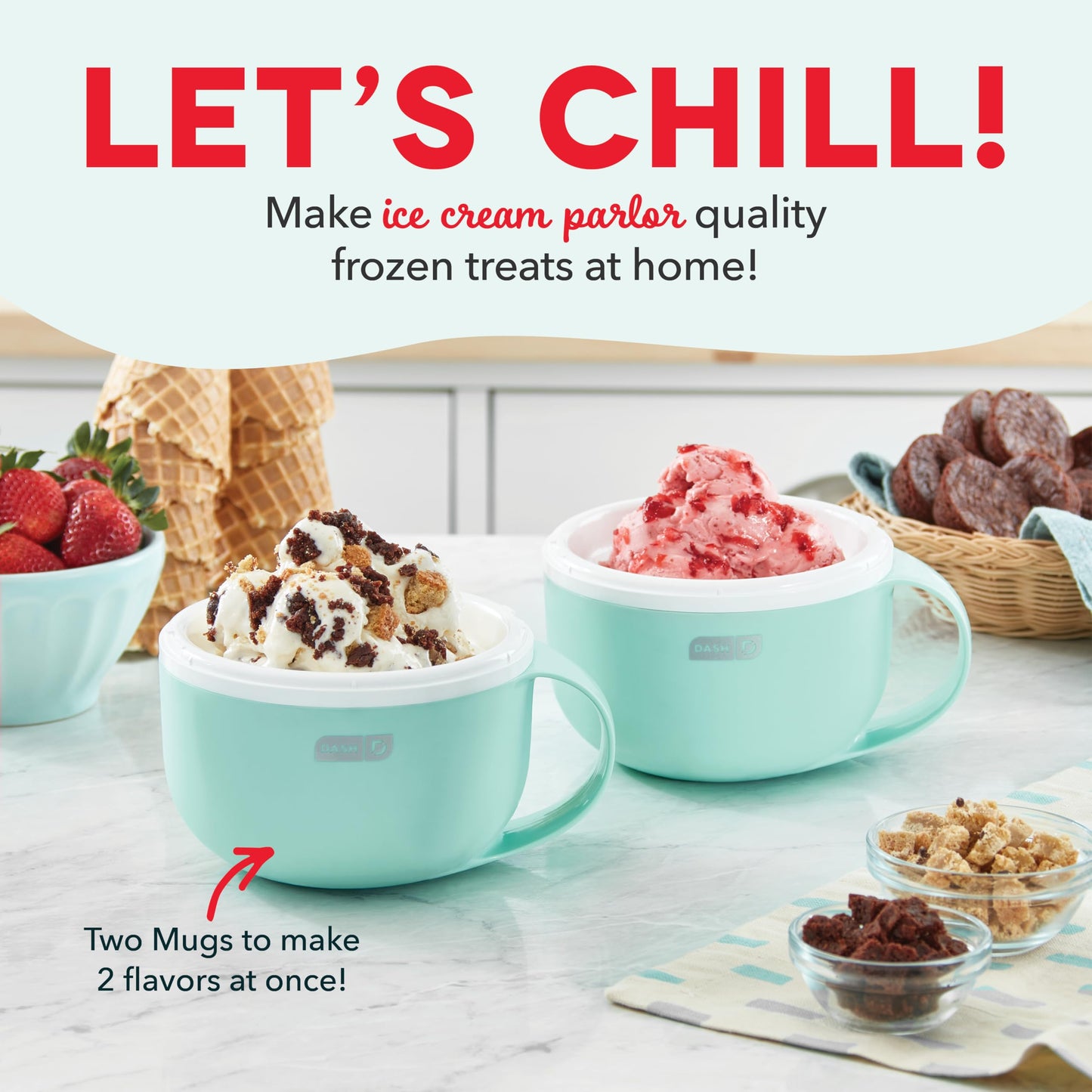 Dash My Mug Ice Cream Maker - Makes Single Serving of Gelato, Frozen Yogurt, Sorbet & More - Easy to Clean & Use - Aqua, 2 Bowls