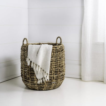 happimess BSK1003A Laurel Bohemian Hand-Woven Abaca Wicker Storage Basket with Handles, Seagrass Container for Decoration in Bedroom, Living Room, Laundry Room, Entryway, Natural