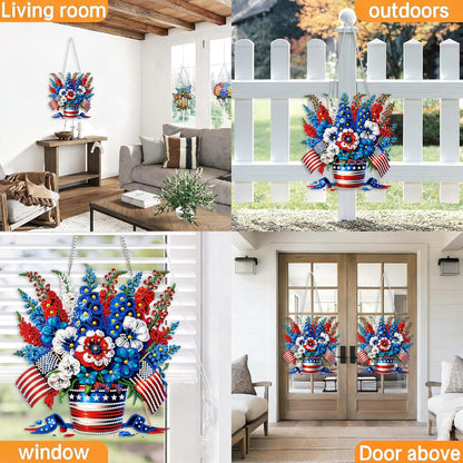 LPDJITO 5D Patriotic Diamond Art Hanging Kits for Adults, Flowers Diamond Painting Flowers Pendant Kits, Special Shape USA Flag Gem Art Suncatcher Ornament for Home Window Wall Decor