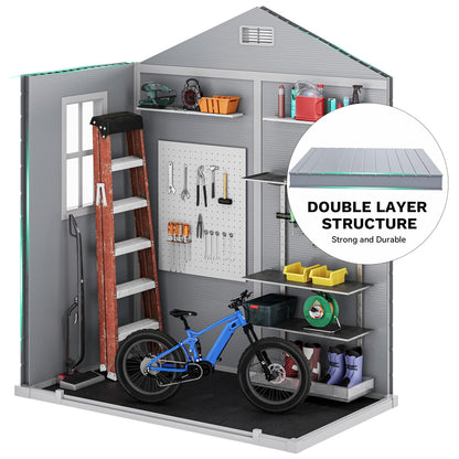DWVO 6x4 FT Outdoor Resin Storage Shed with Reinforced Floor, All-Weather Bike Storage Shed with Lockable Door, Window and Vent, Waterproof Plastic Tool Storage for Garden, Backyard, Patio, Lawn