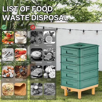 5-Layer Worm Compost Bin, 85L Worm Composter for Indoor & Outdoor, Starter Kits for Vermicomposting Starter, Garden Worm Composting Bin for Recycling Food Waste (Green)