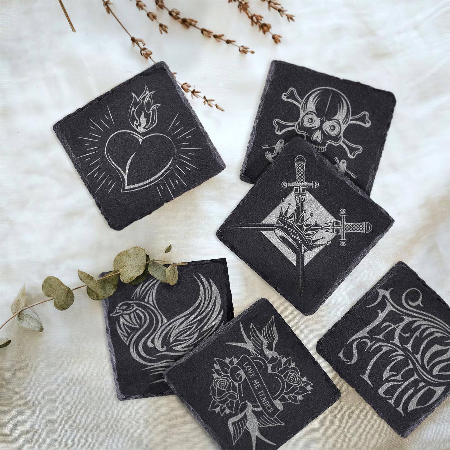 68 PCS Square Slate Drink Coasters Set, SIJDIEE 4 Inch Laser Engraving Black Slate Stone Coasters with Anti-Scratch Bottom and Coaster Holder for Office Bar Kitchen Home Dinner Table Decor Supplies