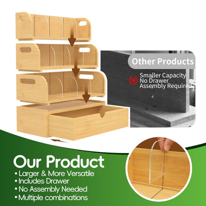 ARFETIGO Bamboo Tea Bag Organizer for Coffee Bar, 4 Tier Modular Tea Organizer with Drawer, Large Capacity Tea Storage Box, Stackable Tea Station Organizer, No Assembly, Kitchen Counter