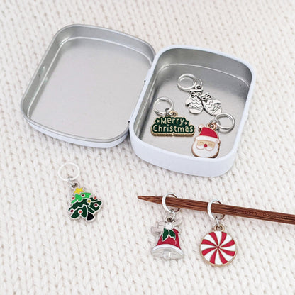 Pretty Warm Designs Christmas Knitting Stitch Markers - Set of 6 Handmade Holiday Enamel Charms in Storage Tin - Snag Free Ring Style Knitting Notions