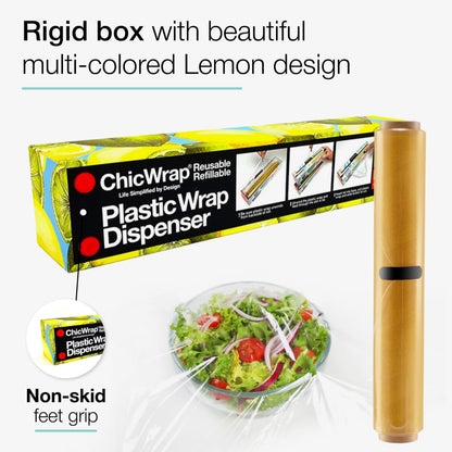 Chicwrap Lemon Refillable Plastic Wrap Dispenser - Includes One 12" x 250' Roll of Professional Grade Plastic Wrap - BPA Free and Kosher Certified - Reusable Dispenser w/Slide Cutter
