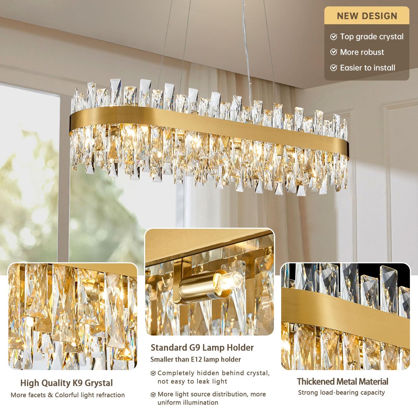 TMAFON Modern Brass Gold Crystal Chandelier, Rectangle K9 Crystal Raindrop Chandelier Lights, Contemporary Ceiling Hanging Light Fixtures for Kitchen Island Dining Room, Length 35.4 inches