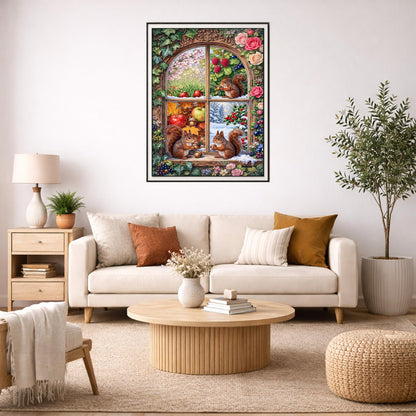 IOHEFY Squirrel Four Seasons Window Diamond Painting 12 x 16 Inch Full Drill Acrylic Diamond Art Cute Woodland Animal Spring Summer Autumn Winter Nano Pearlescent Canvas