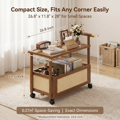 CTESNE【2-Tier Wooden Storage Organizer Shelf】 Bookcase with Wheels & Handle,Storage Shelves for Bathroom, Kitchen, Office, Craft, Makeup