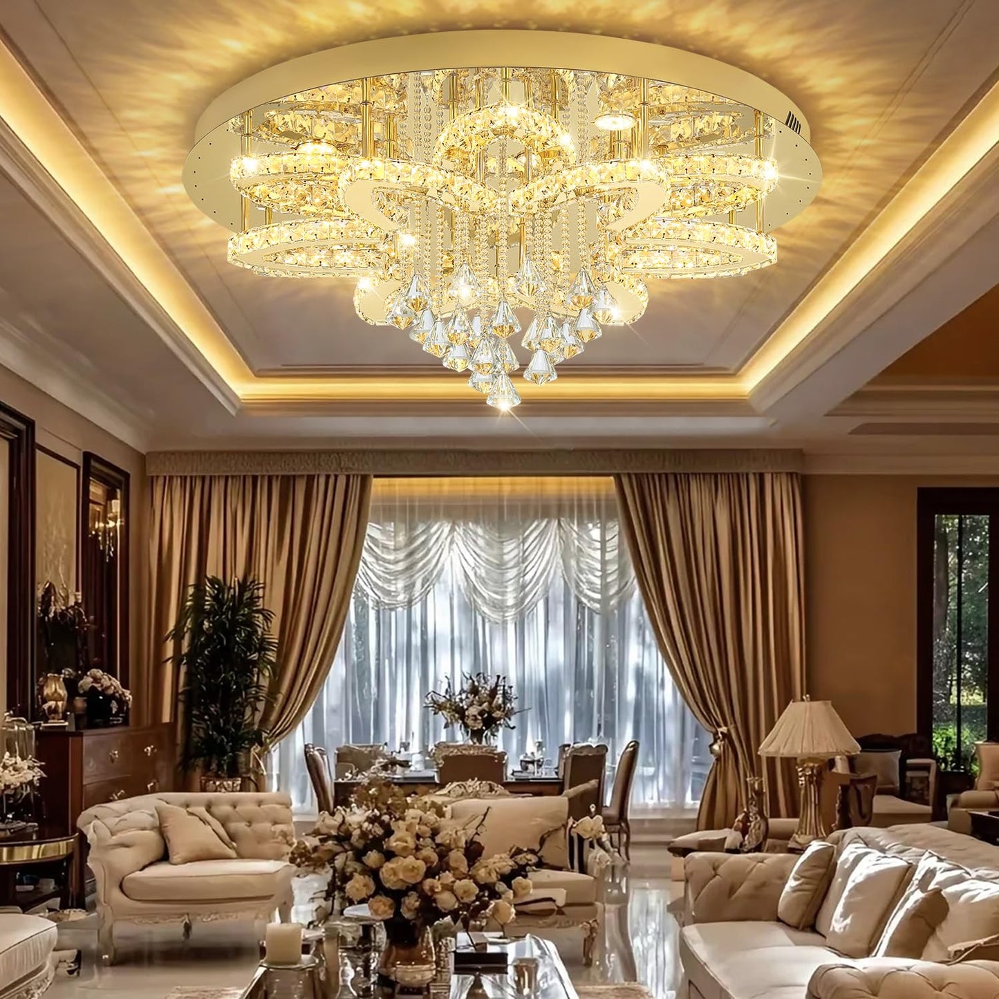 Flashing God 32'' Modern Crystal Chandeliers for Living Room Crystal Ceiling Light Fixture LED Dimmable Pendant Lighting Flush Mount Ceiling Chandelier for Dining Room Bedrooms Foyer Gold