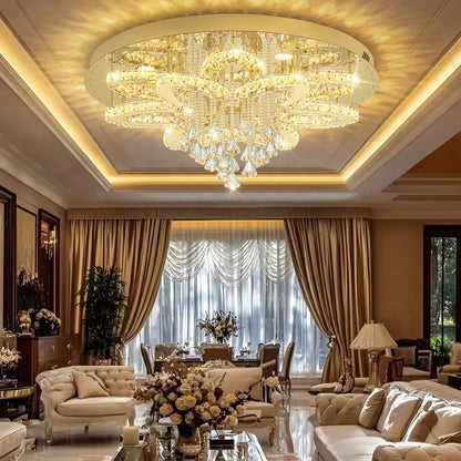 Flashing God 32'' Modern Crystal Chandeliers for Living Room Crystal Ceiling Light Fixture LED Dimmable Pendant Lighting Flush Mount Ceiling Chandelier for Dining Room Bedrooms Foyer Gold