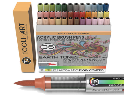 36 Earth Tones Flexible Brush Tip Acrylic Paint Pens Automatic Flow Control 1-5mm Line for Rock Painting,Coloring, Lettering,Scrapbooking,Glass,Mugs,Wood,Metal,Canvas,Fabric,Plastic Waterbased