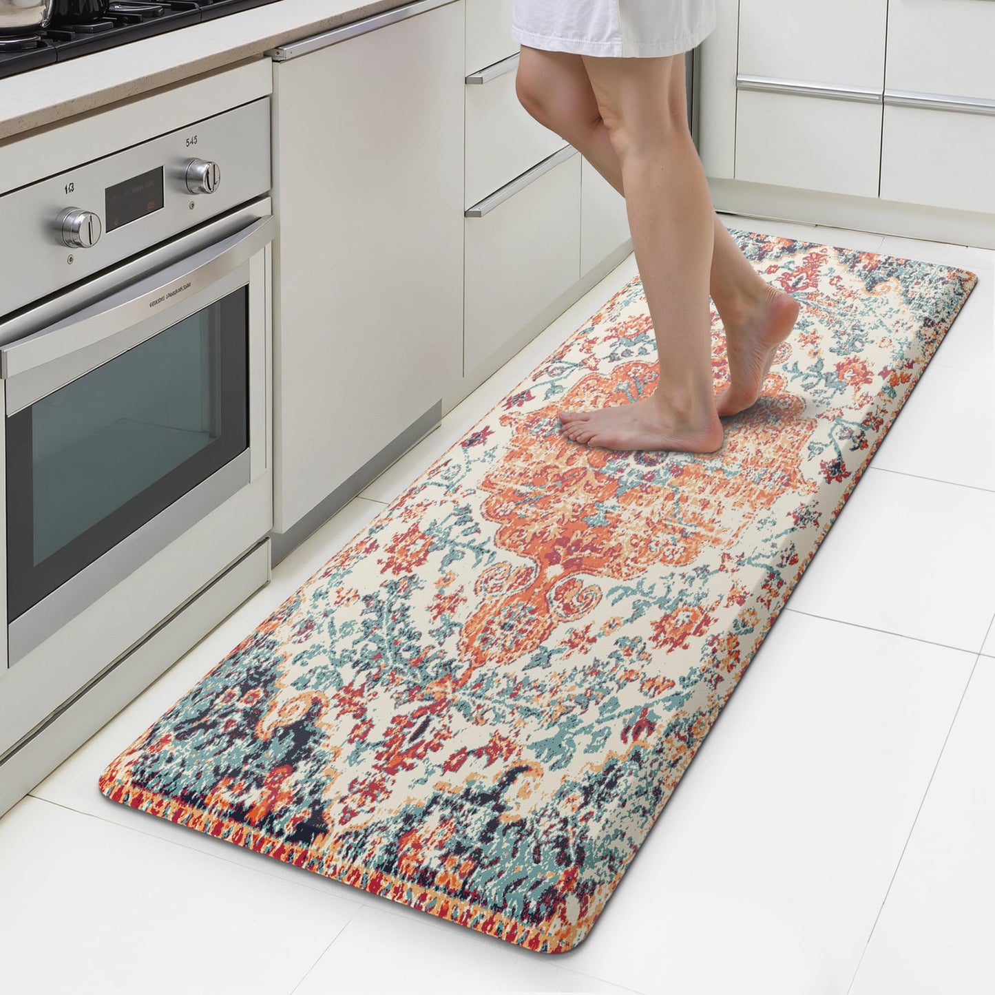 MAYHMYO Boho Kitchen Mat Anti Fatigue Ethnic Kitchen Cushioned Floor Mat Orange Blue Kitchen Rugs Non Slip Cool Rugs for Kitchen Office