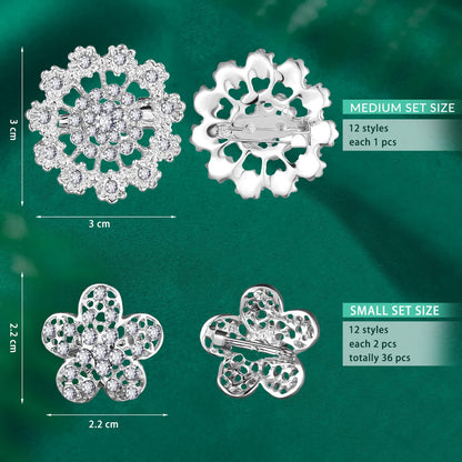 36 Pieces Clear Rhinestone Brooches for Crafts Crystal Flower Brooch Pins with Rhinestones Silver Bulk Brooches Jewelry for Woman Flower Lapel Badge Pins DIY Wedding Bouquet Broaches Kit (Silver)