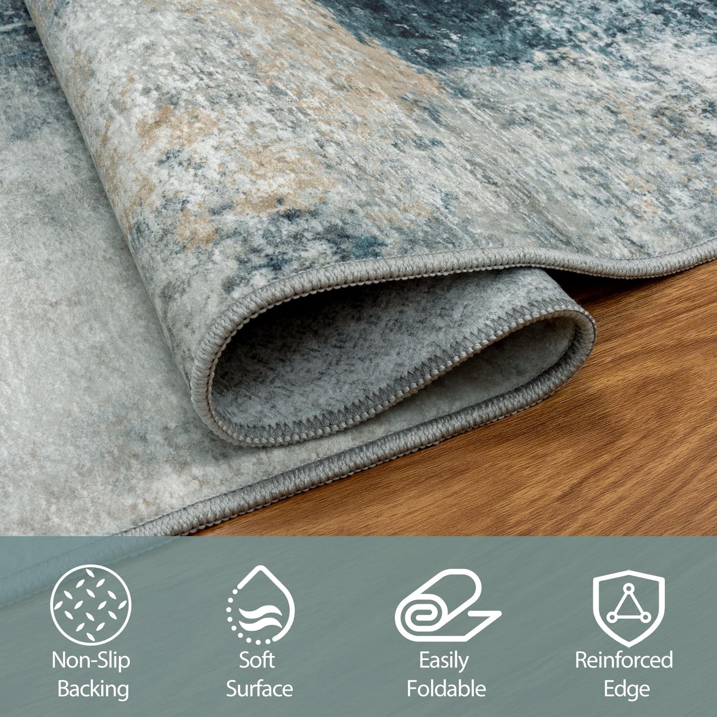 10x14 Area Rugs for Living Room Rug Washable: Abstract Large Rug Indoor Modern Carpet Non Slip for Dining Room Bedroom Nursery Home Office Teal Grey Gold
