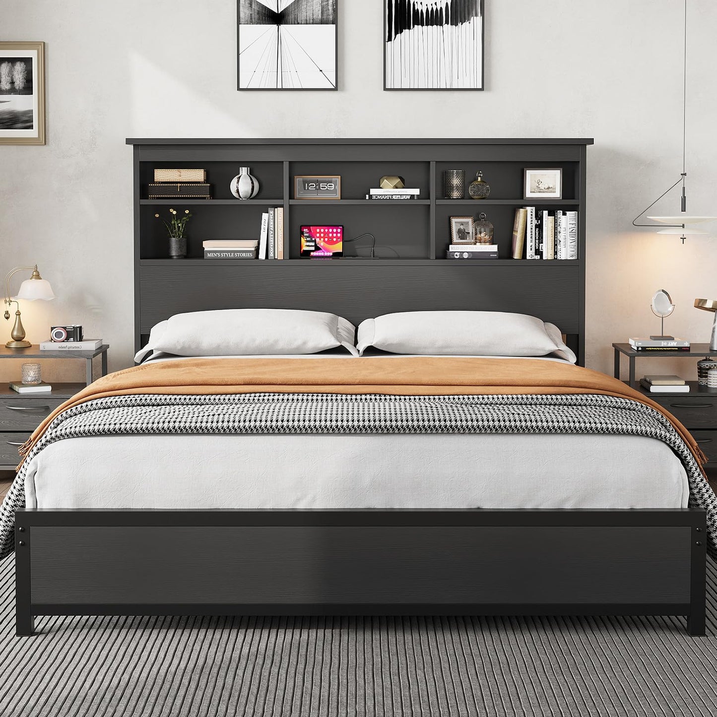 Garvee Queen Platform Bed Frame with Bookcase Headboard, Charging Station (USB & Type‑c), Tall Wooden Headboard, 9.6" Underbed Storage, No Box Spring Needed, Black