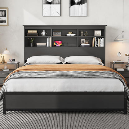 Garvee Queen Platform Bed Frame with Bookcase Headboard, Charging Station (USB & Type‑c), Tall Wooden Headboard, 9.6" Underbed Storage, No Box Spring Needed, Black