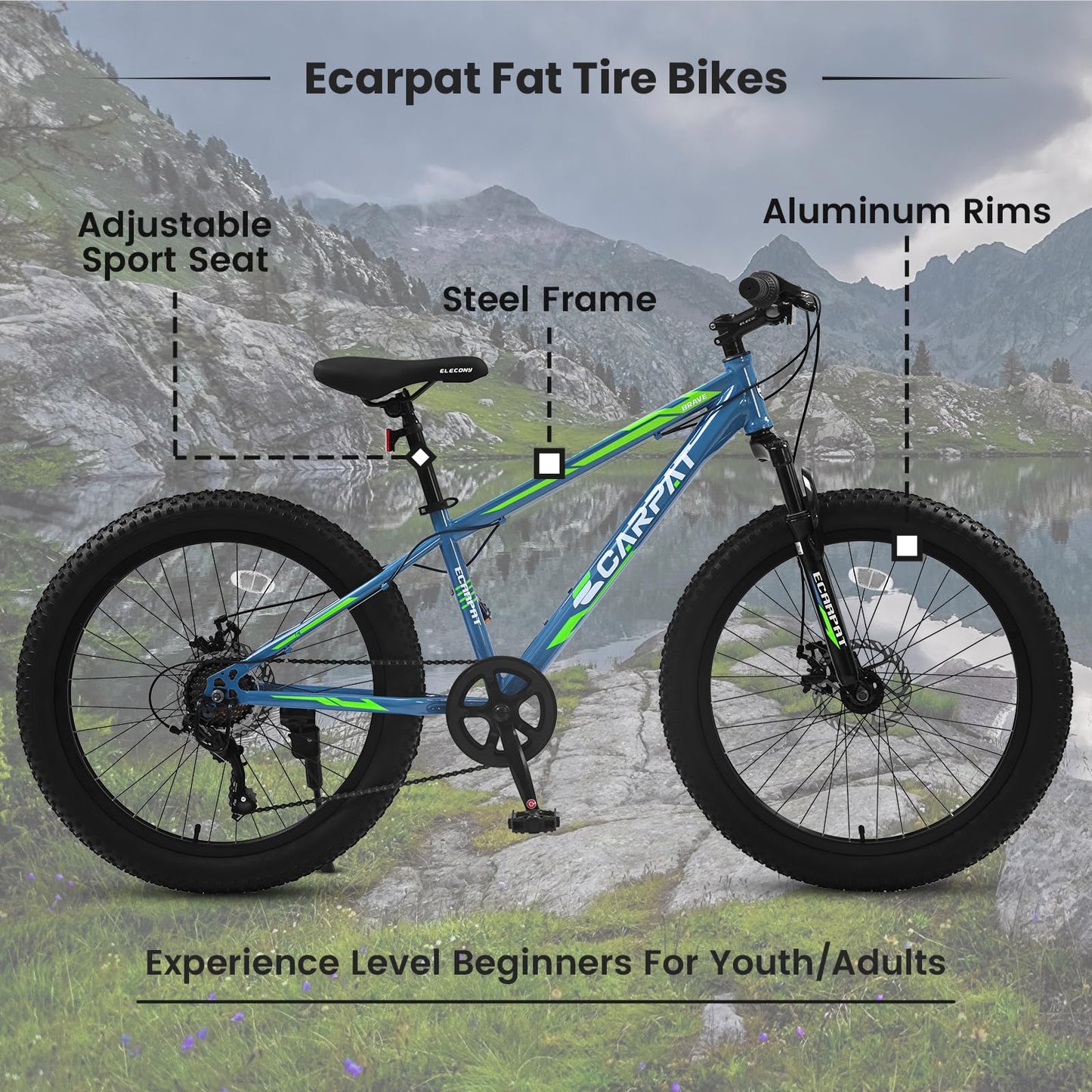 24 Inch Fat Tire Bike Adult/Youth Full Shimano 7 Speeds Mountain Bike, Dual Disc Brake, High-Carbon Steel Frame, Front Suspension, Mountain Trail Bike, Urban Commuter City Bicycle (BlUE, 24inch)
