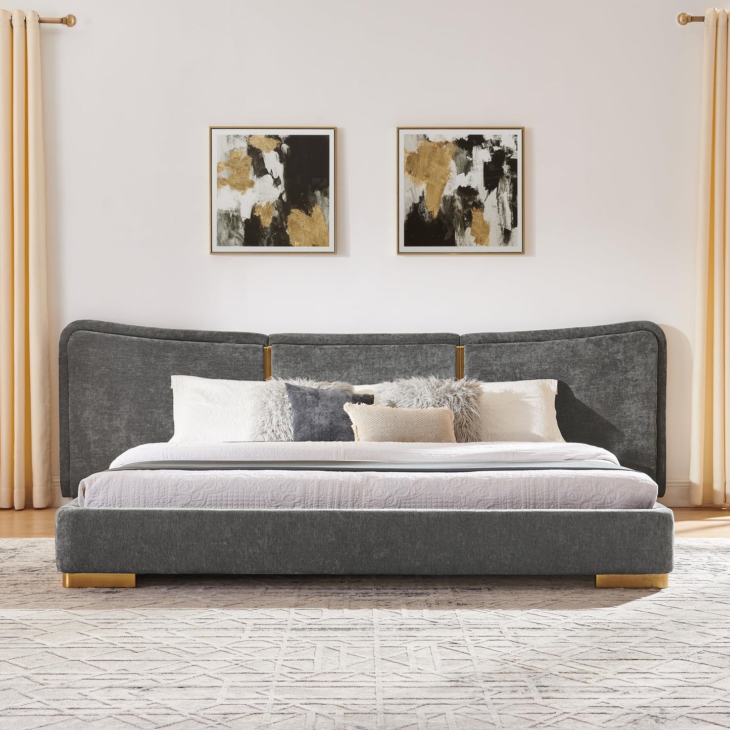 KEIKI King Size Platform Bed Frame Modern Upholstered with Curved Headboard, Chenille Fabric and Electroplated Metal Legs, No Box Spring Needed, Flexible DIY Side Space Design, Dark Gray