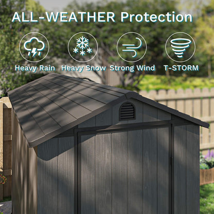 Patiowell 4x8 FT Plastic Outdoor Storage Shed with Floor, Garden Tool Shed with Two Windows and Single Lockable Door for Garden, Backyard, Lawn, Easy to Install, Dark Grey