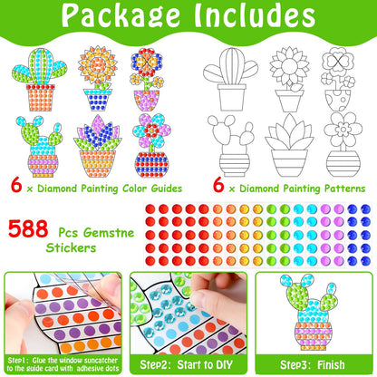 Qyeahkj 6Pcs Spring Arts Crafts Kit for Kids DIY Window Suncatcher Potted Gemstone Stickers Plant Gem Diamond Painting Gifts for Girls Boys School Home Activity Birthday Party Supplies