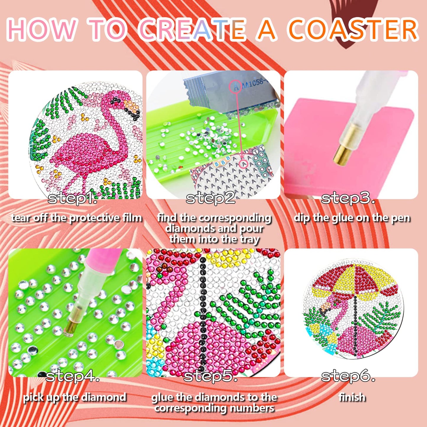 YLOLUL 10 Pc Flamingo Coasters Kit with Holder - Beginner & Kid Friendly Art Craft Gifts