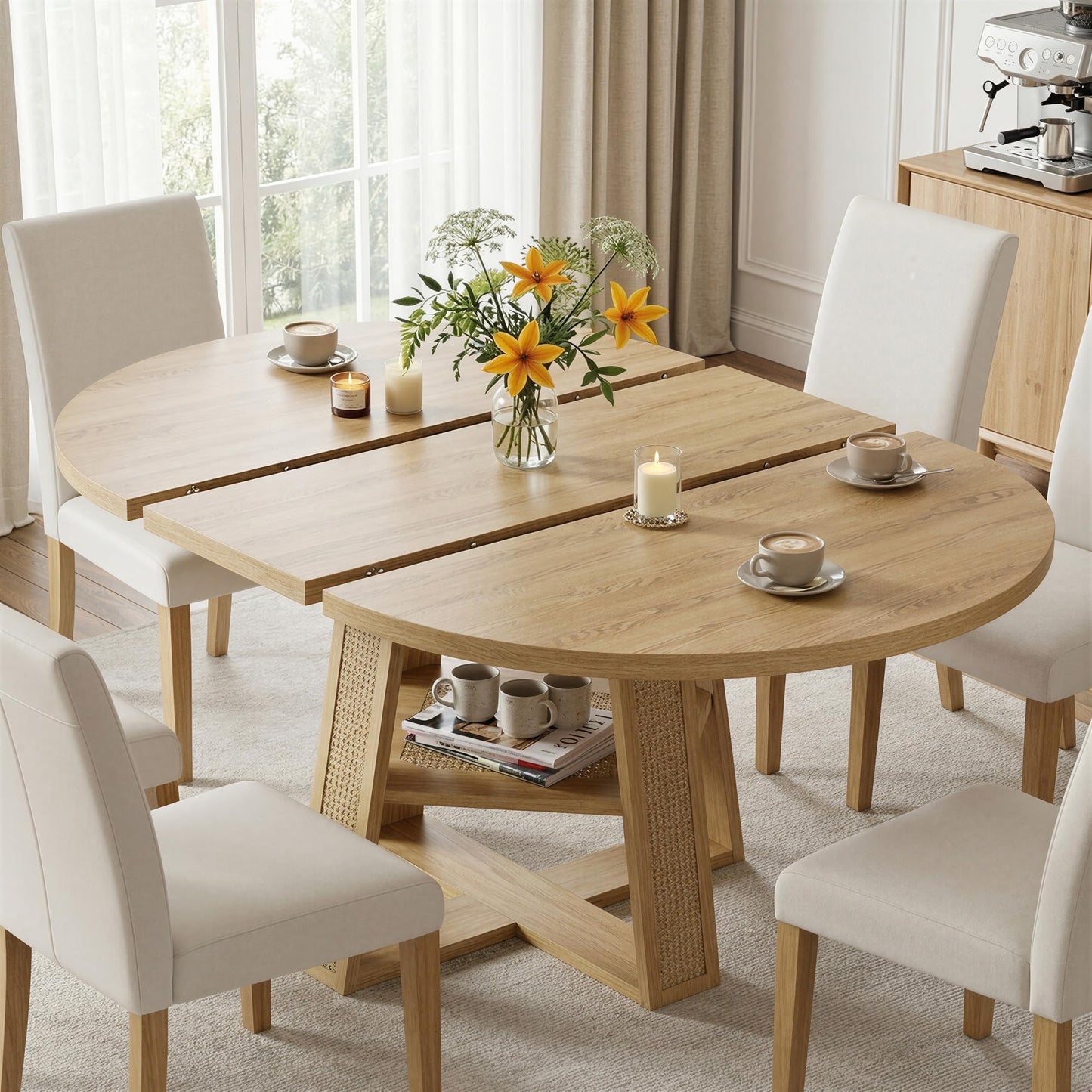 LIKIMIO 43"-59" Extendable Round Dining Table for 4-8, Transformer Oval Dining Room Table with Removable Leaves Space Saving, Wood Base Modern Kitchen Table with Storage Shelf for Living Room, Natural