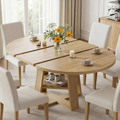 LIKIMIO 43"-59" Extendable Round Dining Table for 4-8, Transformer Oval Dining Room Table with Removable Leaves Space Saving, Wood Base Modern Kitchen Table with Storage Shelf for Living Room, Natural