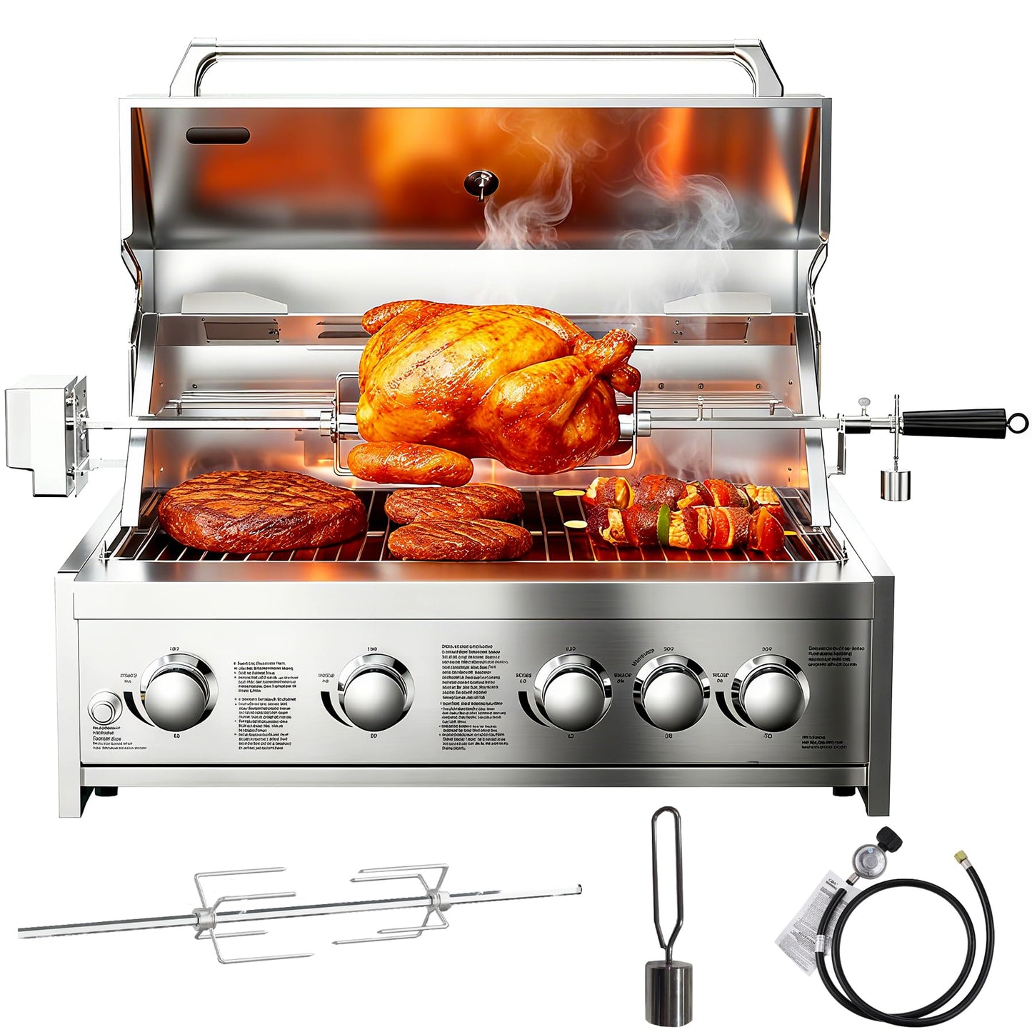 BODEGA 30 Inch Propane Gas Grill, 4x12000-BTU Gas Grill & 1x10000-Infrared Back Burner, Stainless Steel 5-Burner Propane Grill for Outdoor Kitchen, Rotisserie Chicken Fork Kit | Backyard BBQ, Camping.