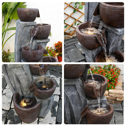 6-Tier Cascading Outdoor Water Garden Fountain 49.61''H Modern Floor-Standing Indoor Waterfall Fountains Bowl and Jar Water Feature with LED Lights for Office Home Art Decor Deck Yard Patio Porch