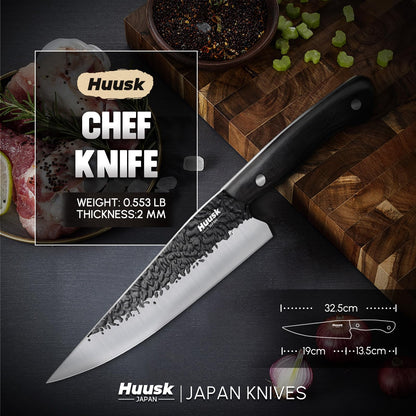 Huusk Chef Knife Japanese Kitchen - Hand Forged Viking Knife for Meat Cutting - Ideal Kitchen Knife Made From a Single Piece of High Carbon Steel Christmas Gift for Men and Women