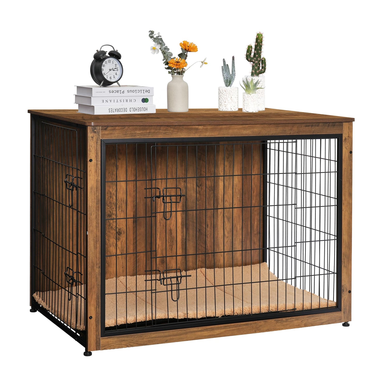 DWANTON Dog Crate Furniture with Cushion, Wooden Kennel Table with Double Doors, Indoor Dog House, Extra Large, 43.3" L, Warm Brown