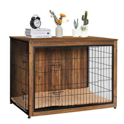 DWANTON Dog Crate Furniture with Cushion, Wooden Kennel Table with Double Doors, Indoor Dog House, Extra Large, 43.3" L, Warm Brown