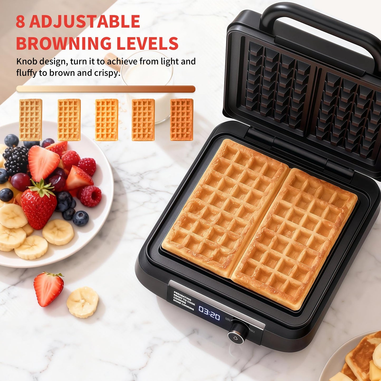 Waffle Maker, 1200W Belgian Waffle Maker, Dual Rectangular Thick Waffle Iron, 7-Level Browning LED Panel, Nonstick Plates, Anti-spill Design, Audible Ready Beep, Easy Cleanup, Stainless Steel