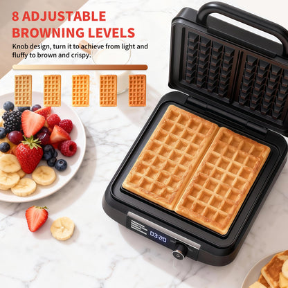 Waffle Maker, 1200W Belgian Waffle Maker, Dual Rectangular Thick Waffle Iron, 7-Level Browning LED Panel, Nonstick Plates, Anti-spill Design, Audible Ready Beep, Easy Cleanup, Stainless Steel