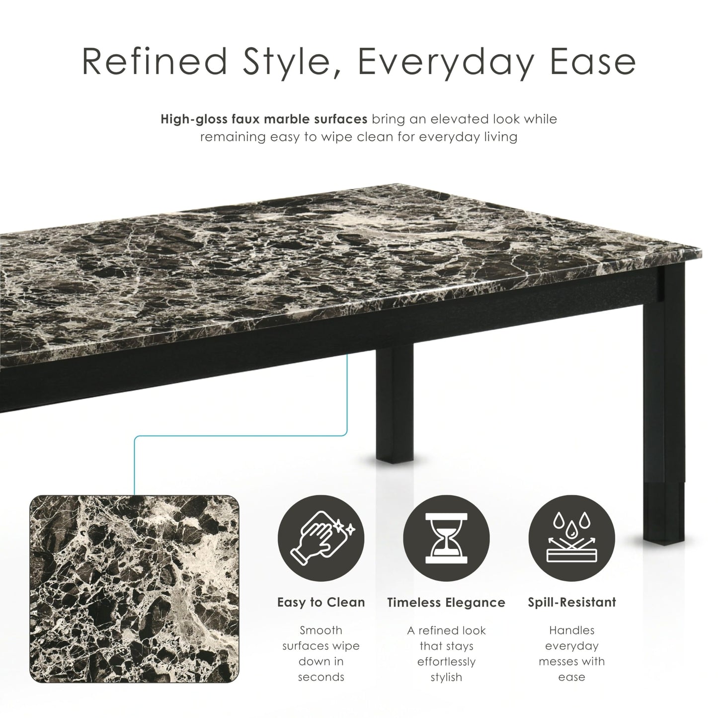 Furniture of America Isime Modern Contemporary Solid Wood 47.5-inch 3-Piece Coffee Table Set with Faux Marble Top for Living Room, Office, Black and White