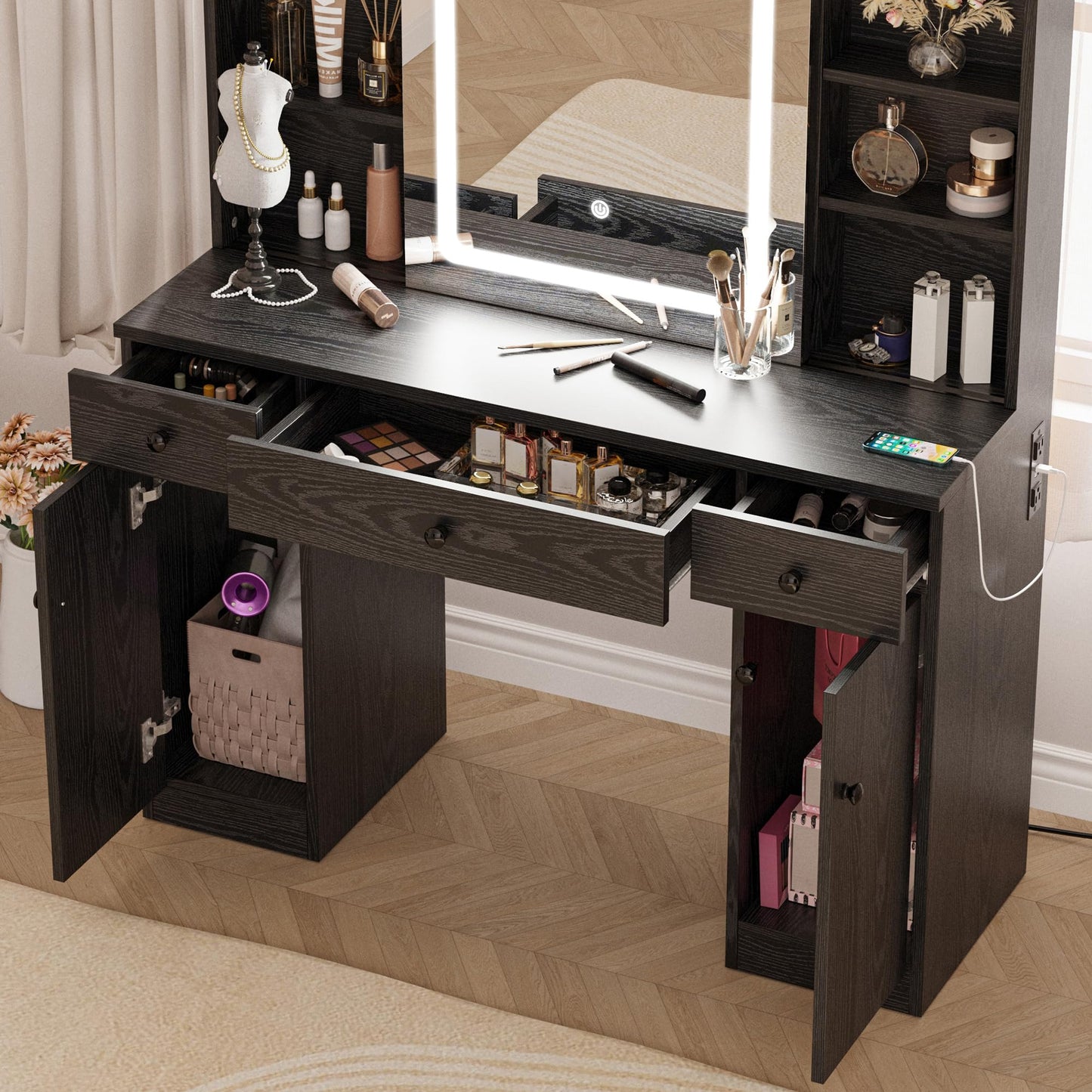 IRONCK Vanity Desk Set with Large LED Lighted Mirror & Power Outlet, 7 Drawers Vanities Dressing Makeup Table with Storage Bench, for Bedroom, Industrial Style Black