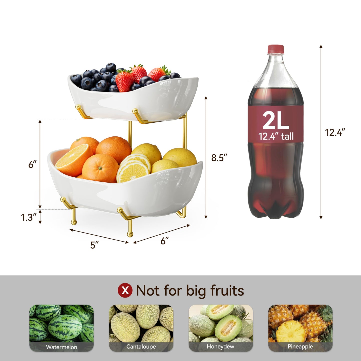 Josmimic 2 Tier Ceramic Fruit Bowl for Kitchen Counter – Fruit Basket with Gold Metal Stand, Holder for Snacks, Nuts, Cakes, Desserts, Bread, Candy Storage