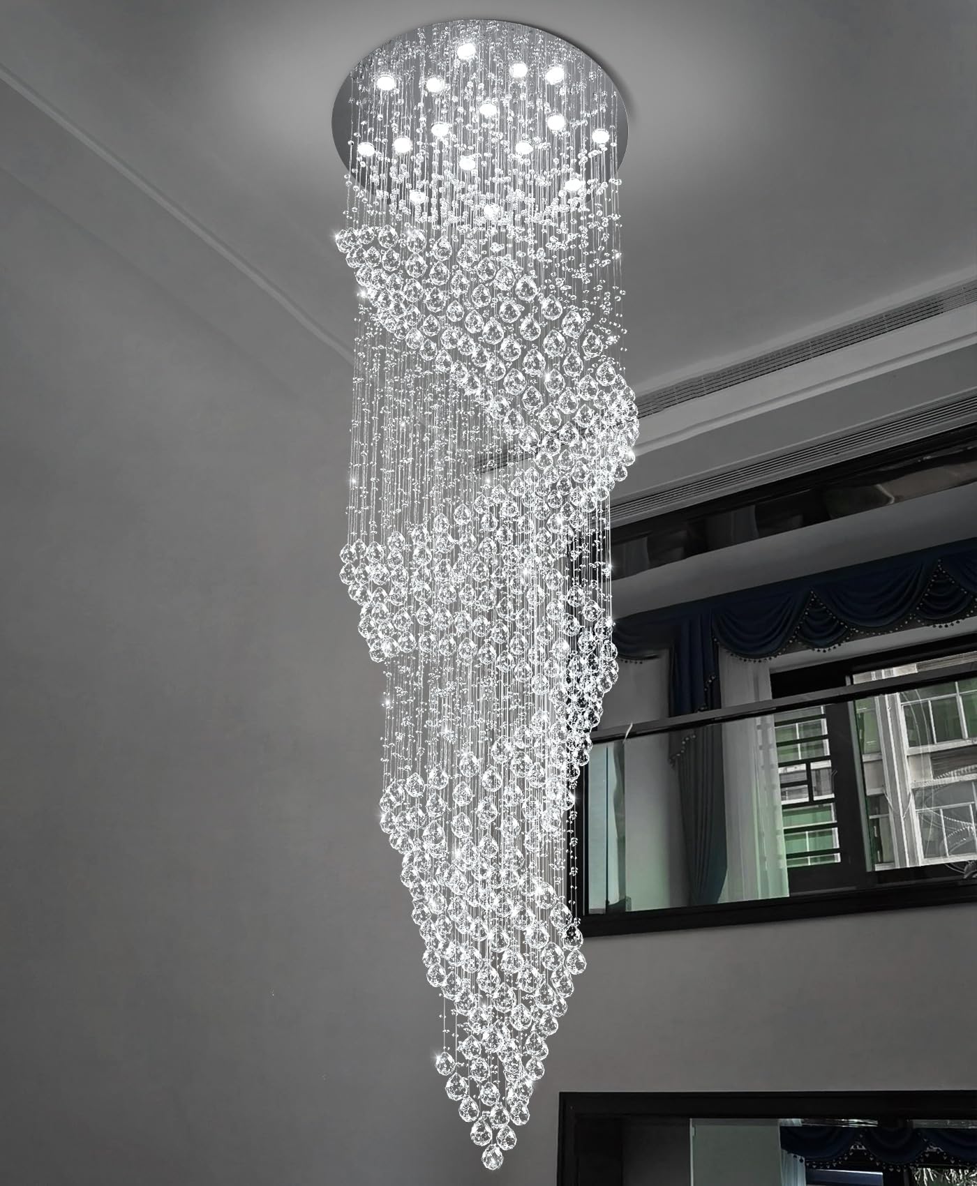 cenozo D40'' x H120'' Crystal Chandelier for Staircaes Glam Chandelier Large Raindrop Chandeliers LED Dimmable High Ceiling Light Fixtures for Hallway Foyer Silver