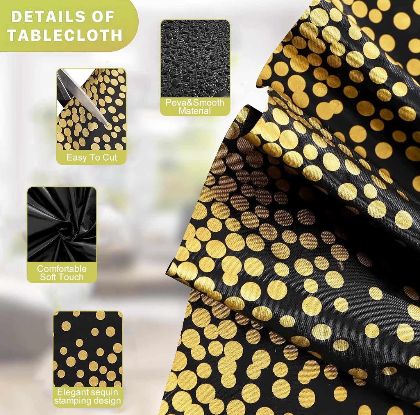 Jeffbaubl 8 Set Tablecloths and Satin Table Runner, 8 Black and Gold Dot Table Cloth 54 x 108 Inch, 8 Gold Satin Runners 11 x 108 Inch, Disposable Plastic Tablecloth for Parties Wedding Birthday