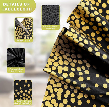 Jeffbaubl 8 Set Tablecloths and Satin Table Runner, 8 Black and Gold Dot Table Cloth 54 x 108 Inch, 8 Gold Satin Runners 11 x 108 Inch, Disposable Plastic Tablecloth for Parties Wedding Birthday