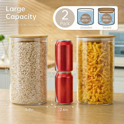 HomArtist Extra Large Glass Flour and Sugar Storage Containers with Airtight Lids,132 floz x2 [Set of 2] Big Glass Jars with Bamboo Lids, Air Tight Food Storage Jars for Cereal, Pasta, Rice, Coffee