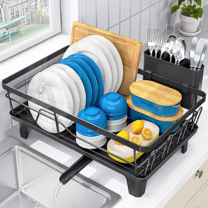 Urackify Dish Drying Rack for Kitchen Counter, Sink Dish Rack with Drainboard 12.2" W x 16.5" L, Large Dish Drainer with Cutlery Holder, Home Countertop Plate Dryer Storage Rack, Black