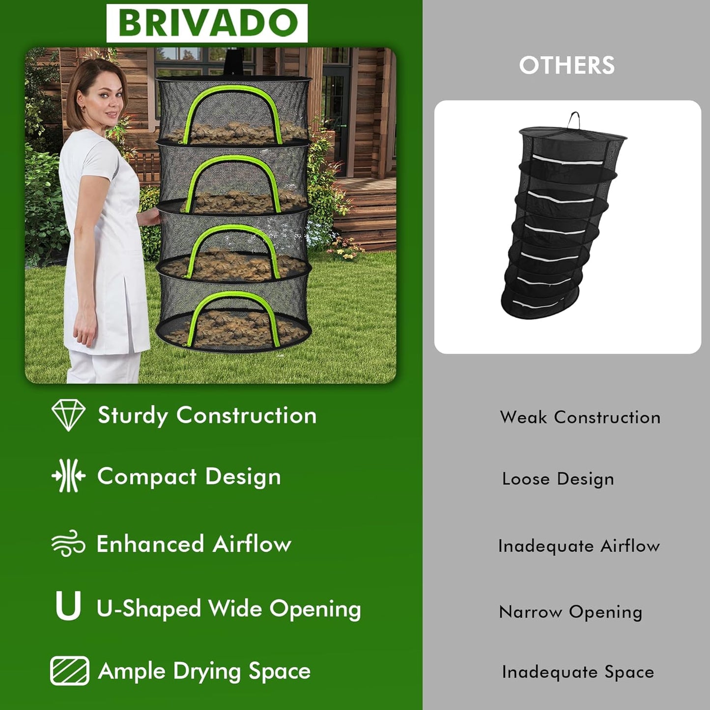 BRIVADO 6 24" Herb Drying Rack Hanging Mesh Layer with Zipper, Gloves, Garden Pruning Shear, Hook & Carabiner Clip